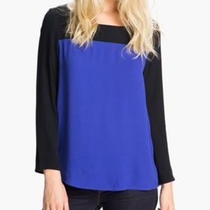 Joie Womens Top Blouse Aliso Colorblock Black Blue Long Sleeve Crepe Career S